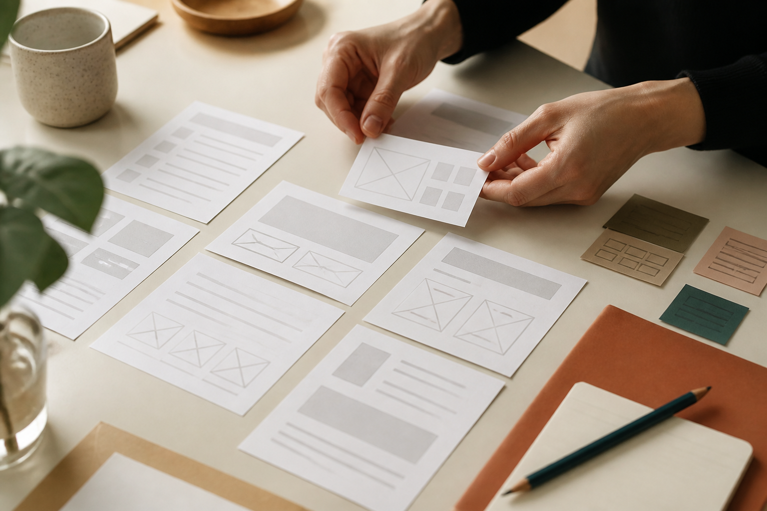Wireframe cards and notes arranged on a design desk during structure planning
